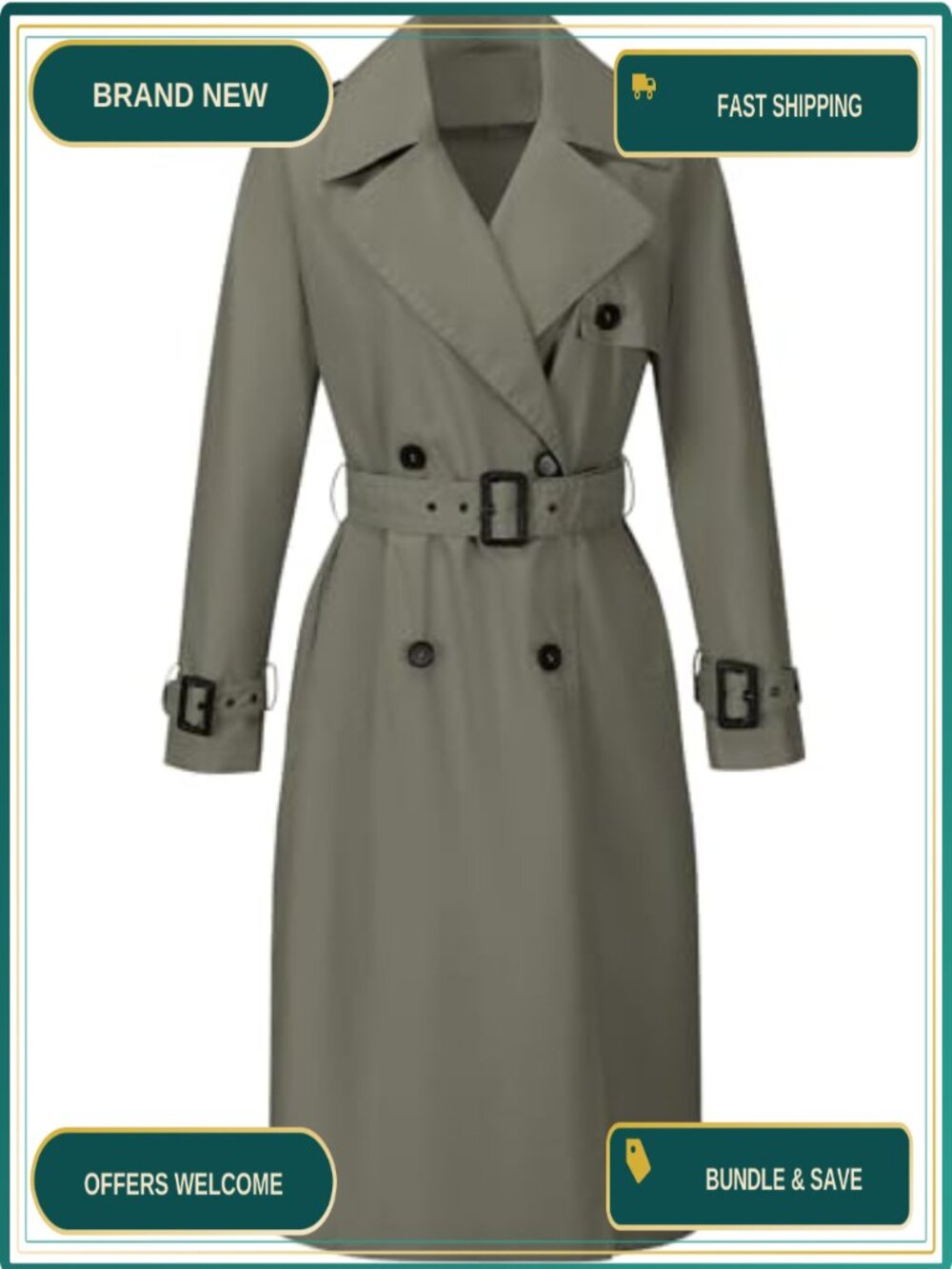 Women Double-Breasted Long Trench Coat Water Resistant Belted Overcoat